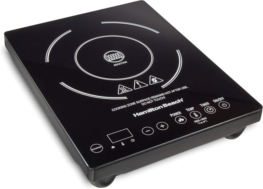 Hamilton Beach Portable Single Induction Cooktop Countertop Burner Hot Plate with Fast Heating Mode, 1800 Watts, 10 Temperature Settings up to 450F, Black (34104)