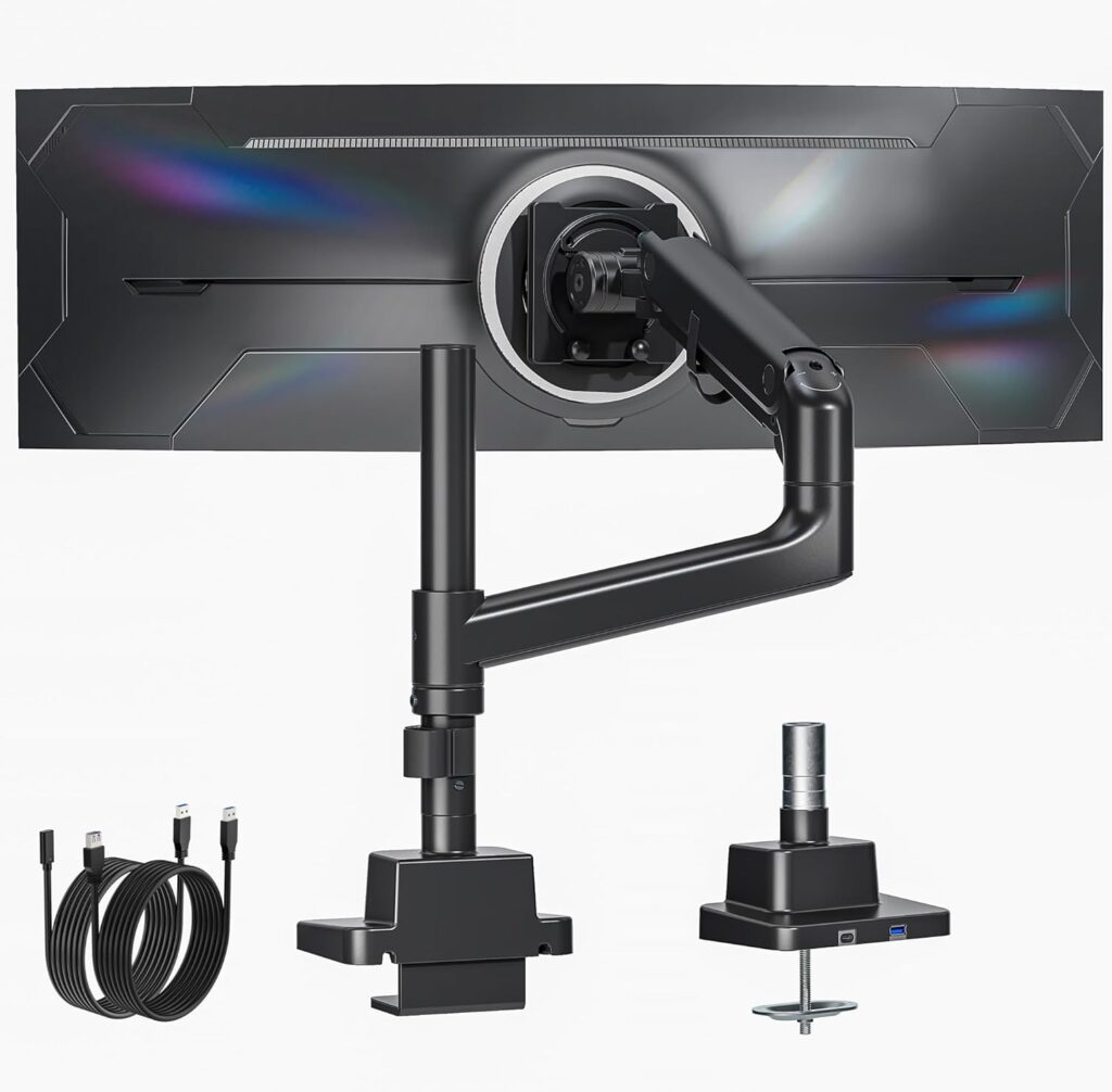 monTEK Heavy-Duty Single Monitor Arm for 17-57 inch, up to 59.4lbs Ultrawide Screens,Gas Spring Dual Curved Adjustable Monitor Stand for Desk,75/100mm VESA Mount with USB，Black