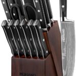 MDHAND Knife Set with Block, 15 Pieces Professional Chef Knife Set, Forged, High Carbon Stainless Steel Kitchen Knife Set with Sharpener – Forged Triple Rivet, Dishwasher Safe, Best Chef Gifts, Black