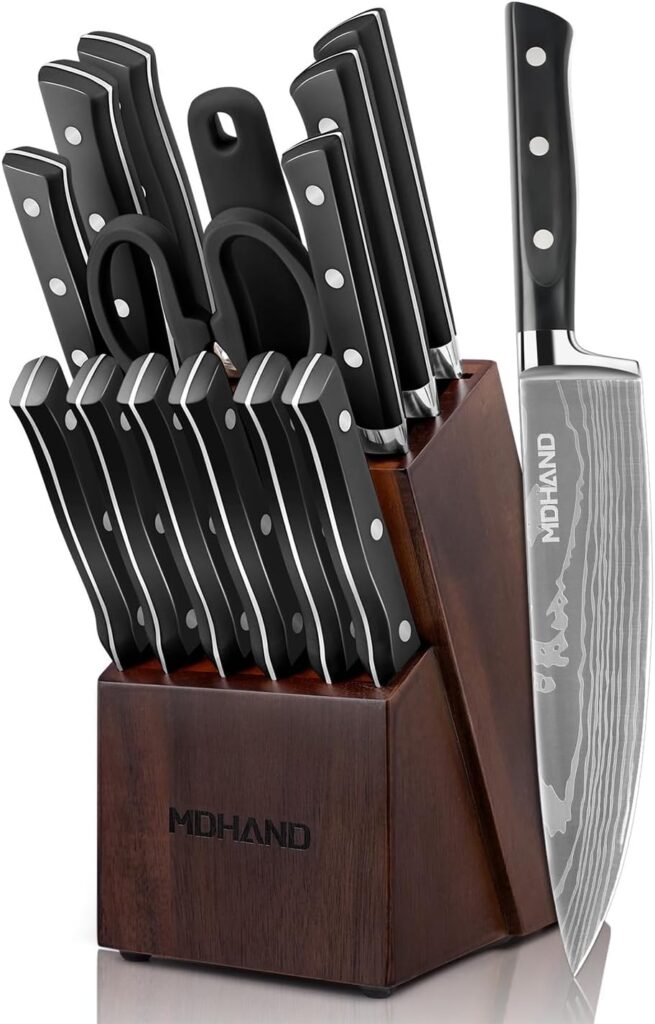 MDHAND Knife Set with Block, 15 Pieces Professional Chef Knife Set, Forged, High Carbon Stainless Steel Kitchen Knife Set with Sharpener – Forged Triple Rivet, Dishwasher Safe, Best Chef Gifts, Black