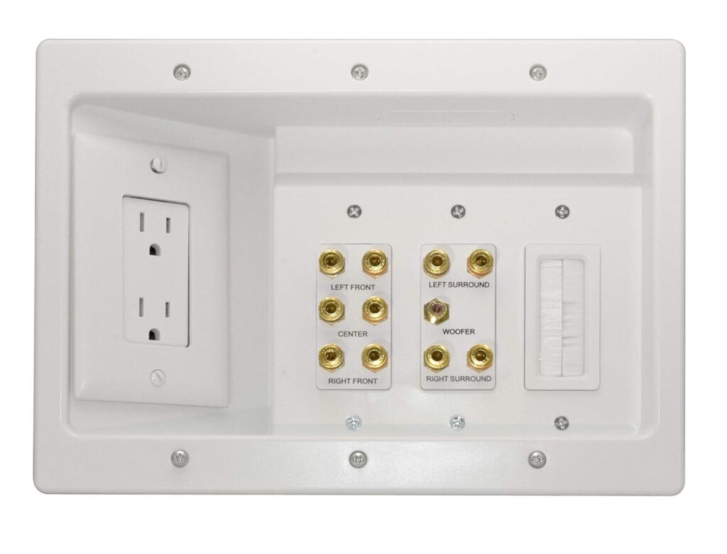 Legrand – OnQ Home Theater Connection, Recessed TV Outlet Supports 5.1 Speaker System, In Wall TV Power Kit Hides Cords, TV Outlet Box Works with All Plugs, TV Outlet Wall Kit, White, HT2103WHV1