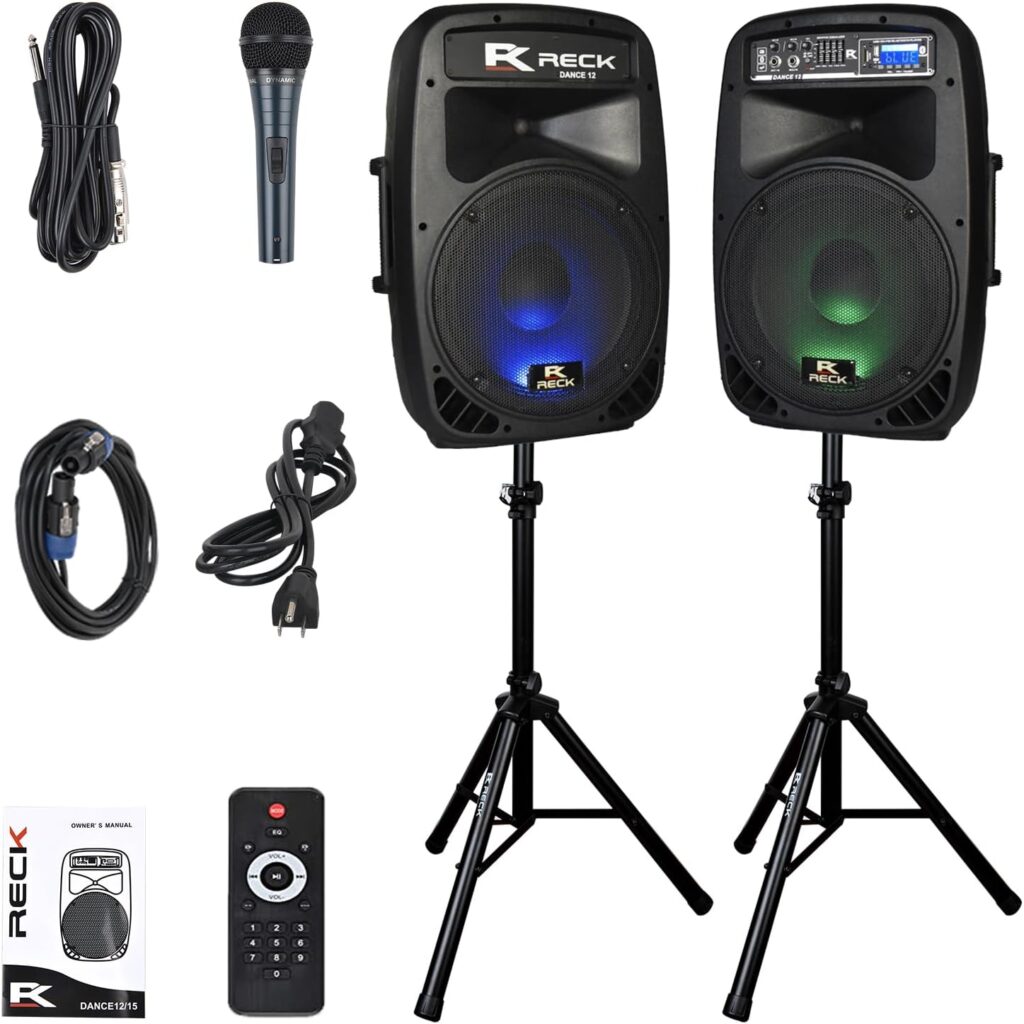 PRORECK Dance 12 Portable 12-Inch 1000 Watts 2-Way Powered PA Speaker System Combo Set with Bluetooth/USB/SD Card Reader/FM Radio/Remote Control/Speaker Stand for Party DJ Wedding Meeting
