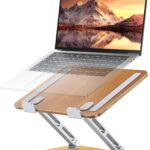 Ergonomic Laptop Stand, Wood & Aluminum Computer Stand with Adjustable Angle, Foldable Dual-Bar Laptop Riser Holder Stand for Desk, Compatible with MacBook, Dell, HP 10-16″ (Royal Teak Grain)