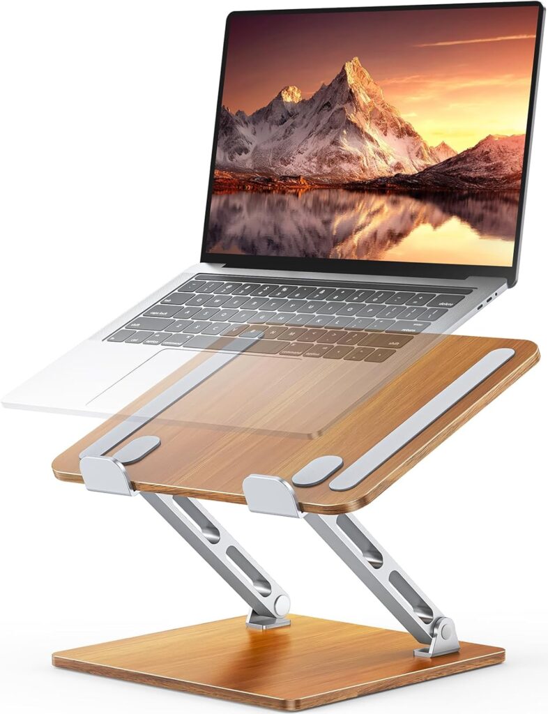 Ergonomic Laptop Stand, Wood & Aluminum Computer Stand with Adjustable Angle, Foldable Dual-Bar Laptop Riser Holder Stand for Desk, Compatible with MacBook, Dell, HP 10-16″ (Royal Teak Grain)