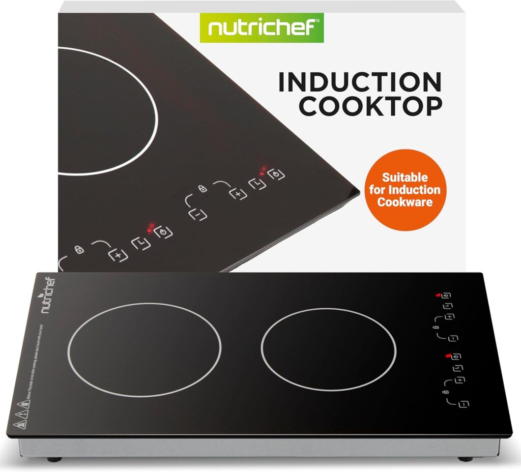 NutriChef Induction Cooktop 2 Burner, Electric Stove – Adjustable Temperature, Digital Touch Sensors, Stain-Resistant/Easy-to-Clean, Induction Hot Plate, 20 x 11 Inch – 1800 Watt