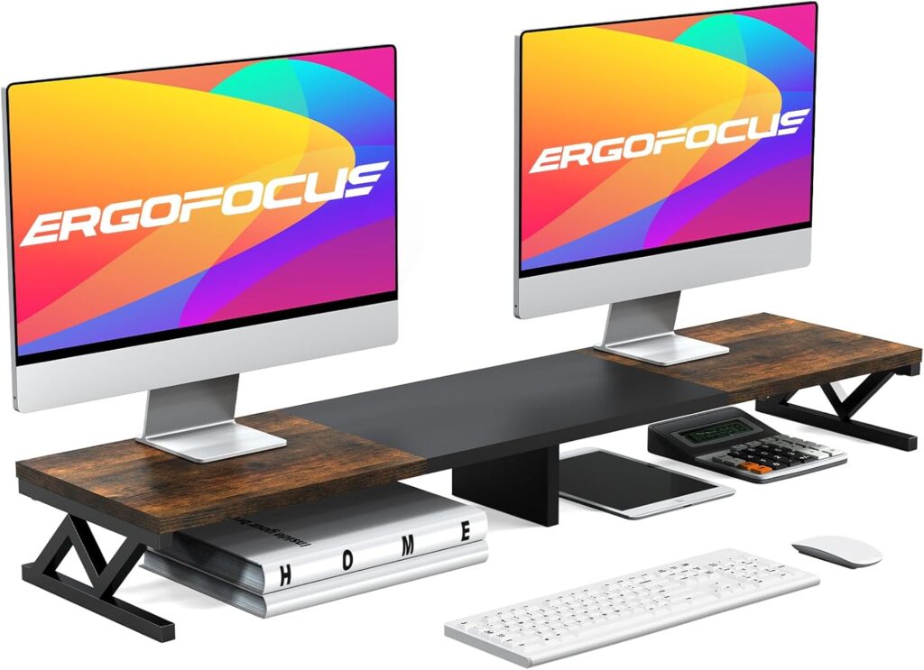 Dual Monitor Stand Riser, Large Wood Monitor Riser for 2 Monitors, Monitor Lift with Storage for Desk, Sturdy Wood&Steel Multi Screen Stand, Desktop Organizer Monitor Stand for Computer