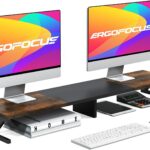 Dual Monitor Stand Riser, Large Wood Monitor Riser for 2 Monitors, Monitor Lift with Storage for Desk, Sturdy Wood&Steel Multi Screen Stand, Desktop Organizer Monitor Stand for Computer