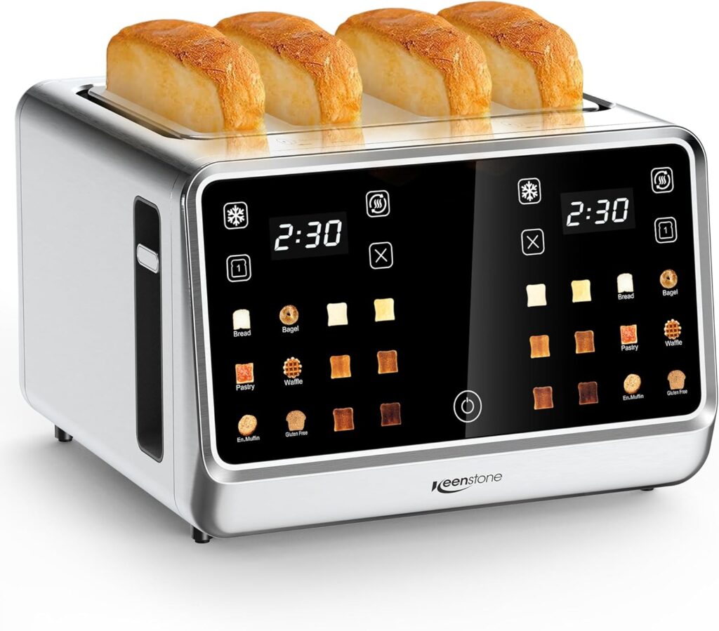Toaster 4 Slice with TouchScreen, Memory Function & Single-Slot Focus, Keenstone 1800W Smart Digital Toaster for Ultimate Control, Wide Slot to Reheat & Defrost Bagels, Bread, Waffles, Stainless Steel