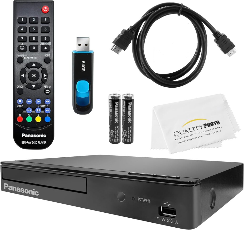 Panasonic Blu Ray DVD Player DMP-BD84P-K + Remote Control + High Speed 6 Foot 4K HDMI Cable + Ultra USB Flash Drive 64GB and Quality Photo Microfiber Cloth
