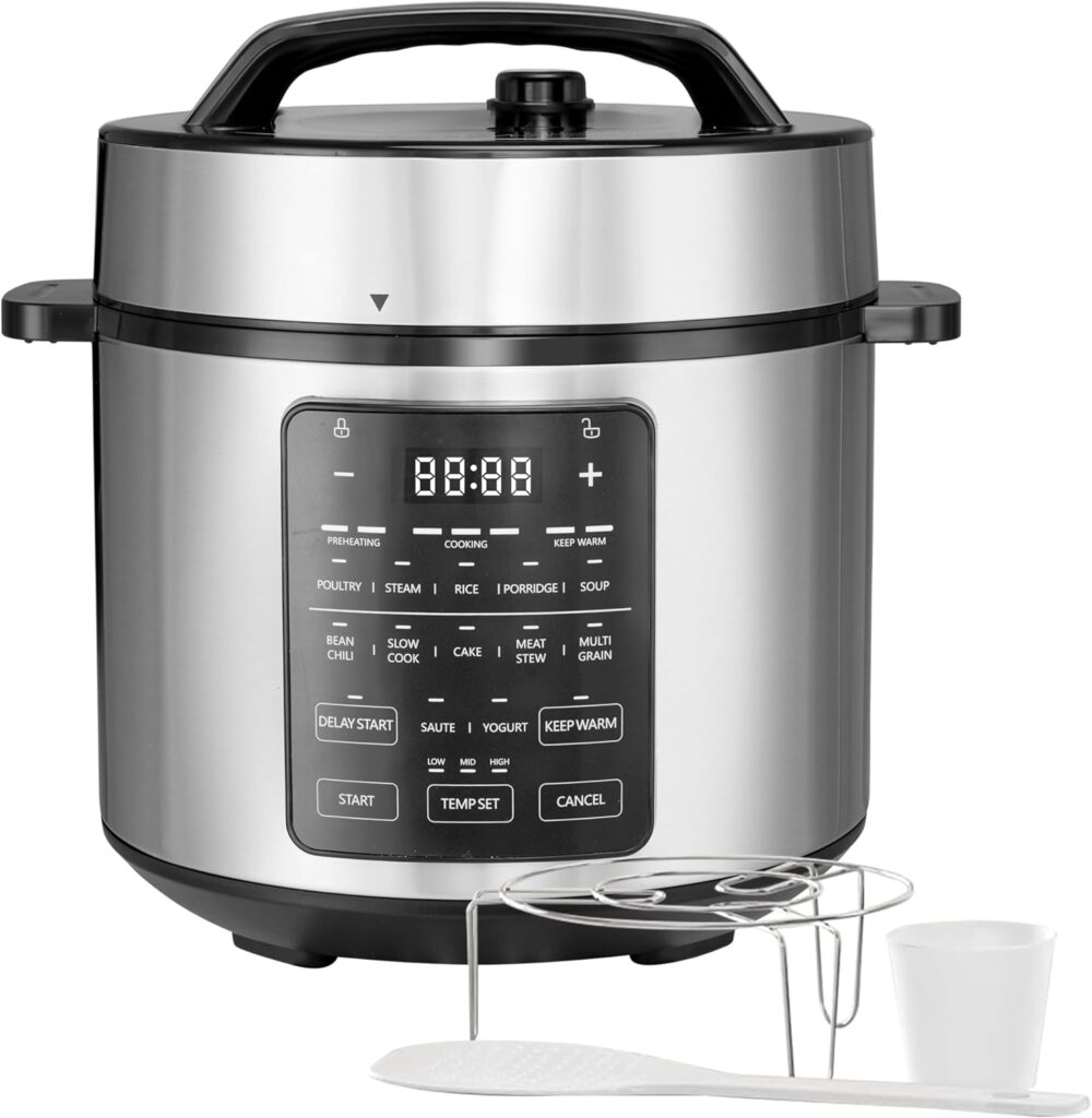Simple Deluxe Electric Pressure Cooker, Non-Stick 12-in-1 & 6QT Stainless Steel Multi Cooker for Slow Cook, Meat Stew, Cake, Porridge, Multigrain, Dishwasher Safe, Silver
