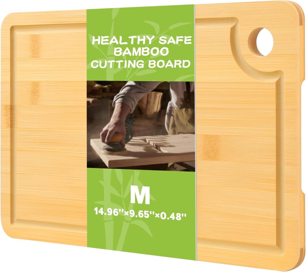 Bamboo Cutting Boards for Kitchen 14.9″ x 9.6″, Reversible Wood Cutting Board with Juice Groove & Side Handles, Chopping Board for Meat & Cheese, 100% Organic Bamboo