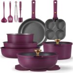 CAROTE 21pcs Pots and Pans Set, Nonstick Cookware Set Detachable Handle, Induction Kitchen Cookware Sets Non Stick with Removable Handle, RV Cookware Set, Gold and Purple