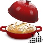 Enamelled Cast Iron Dutch Oven Pot – Dutch Oven Pot with Lid For Sourdough Bread Baking – Cast Iron Bread Oven – Red, Umite Chef 6QT Pot with Lid & Cotton Potholders
