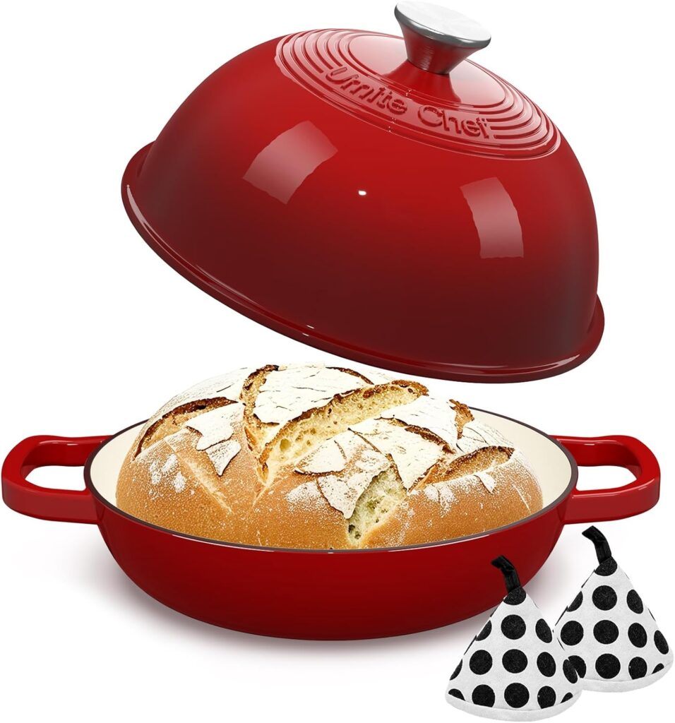 Enamelled Cast Iron Dutch Oven Pot – Dutch Oven Pot with Lid For Sourdough Bread Baking – Cast Iron Bread Oven – Red, Umite Chef 6QT Pot with Lid & Cotton Potholders