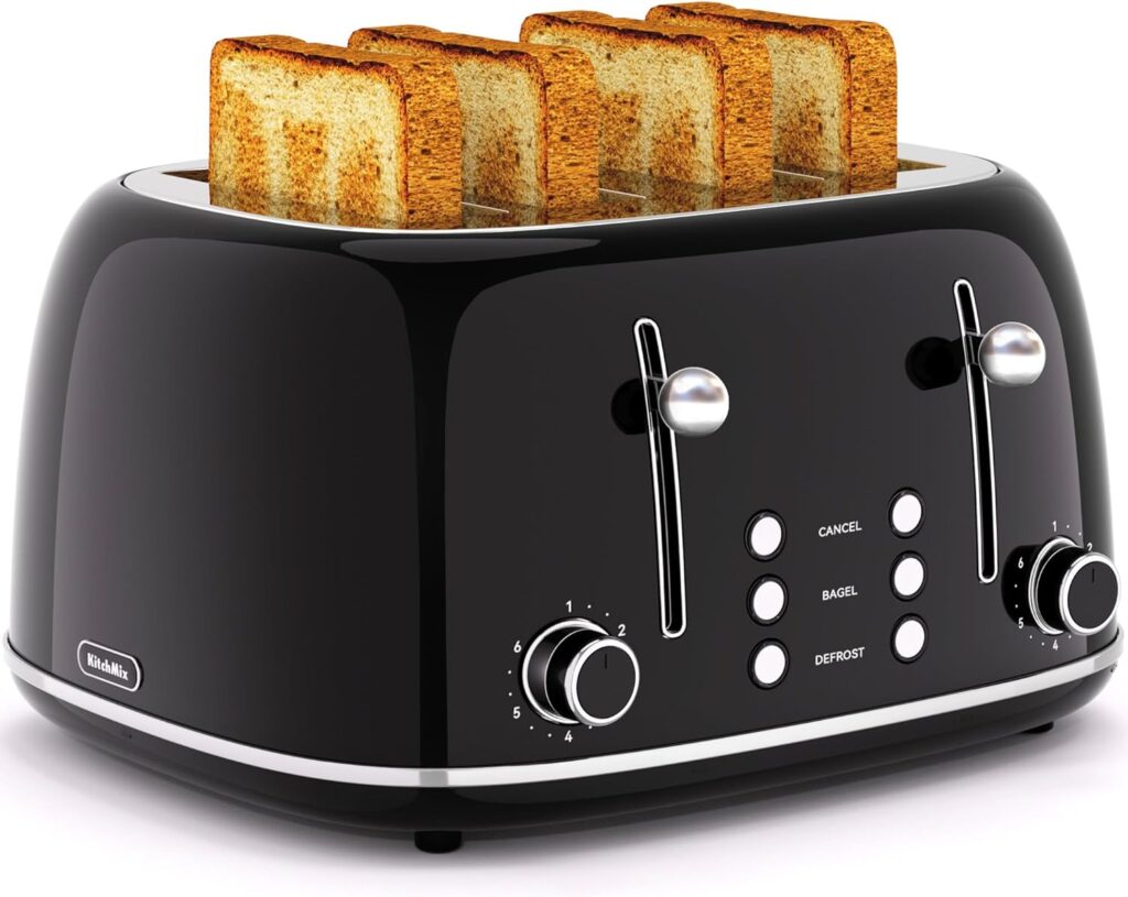 Toaster 4 Slice, Retro Stainless Toaster with 6 Bread Shade Settings,1.5”Wide Slots with Cancel/Defrost/Reheat Functions,Dual Independent Control Panel, Removal Crumb Tray (Black)