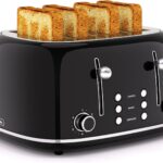 Toaster 4 Slice, Retro Stainless Toaster with 6 Bread Shade Settings,1.5”Wide Slots with Cancel/Defrost/Reheat Functions,Dual Independent Control Panel, Removal Crumb Tray (Black)