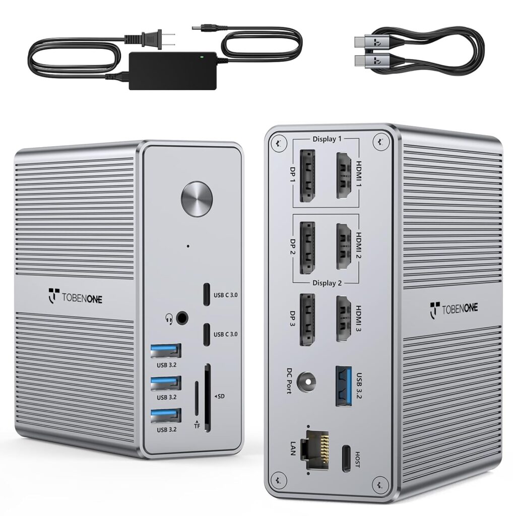 TobenONE DisplayLink Docking Station Triple Monitor with 120W Power Adapter, Triple 4K Display for MacBook Pro/Air, Thunderbolt 4/3, USB-C Windows(3X HDMI, 3X DP, 2xUSB-C, 4xUSB 3.2, SD/TF)