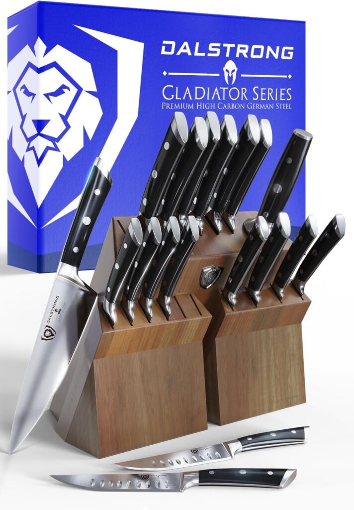 DALSTRONG Gladiator Series Elite-18pc Stainless Steel Knife Set with Block-High Carbon German Steel-Acacia Wood Block-Gift Knife Set w/Black Handles – NSF Certified