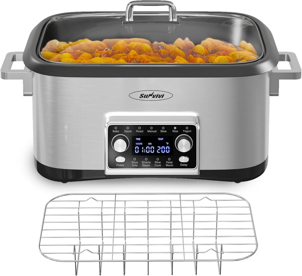 Sunvivi Programmable 8 Quart Slow Cooker, 12 in 1 Multi-Cooker Food Warmer with Digital Timer, Temp Control, Removable Cast Aluminum Pot & Dishwasher-Safe Tempered Glass Lid, Stainless Steel