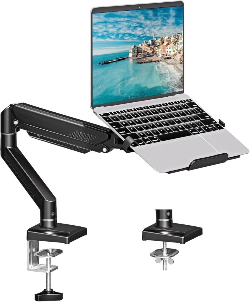 MOUNTUP Laptop Stand for Desk, 2-in-1 Monitor Mount with Laptop Tray Holds 2.2-22lbs, Adjustable Laptops Arm Mount for Max 17″ Notebook & 32″ Monitor, Laptops Desk Arm with Clamp/Grommet