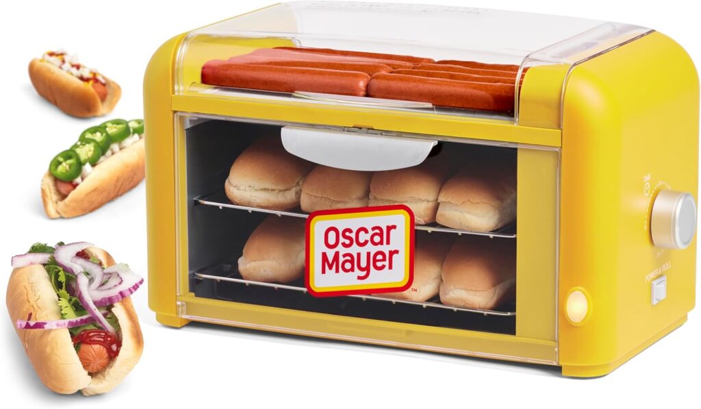 Nostalgia Oscar Mayer Extra Large Countertop 8 Hot Dog Roller and Bun Toaster Oven – Stainless Steel Rollers and Non-stick Warming Racks – Adjustable Timer