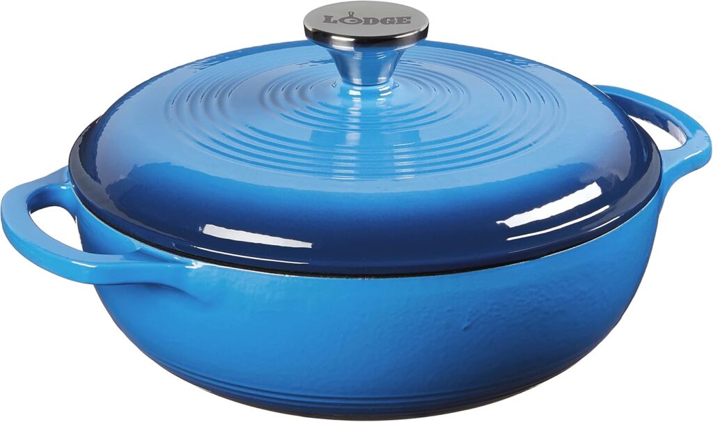 Lodge 3 Quart Enameled Cast Iron Dutch Oven with Lid – Dual Handles – Oven Safe up to 500° F or on Stovetop – Use to Marinate, Cook, Bake, Refrigerate and Serve – Caribbean Blue