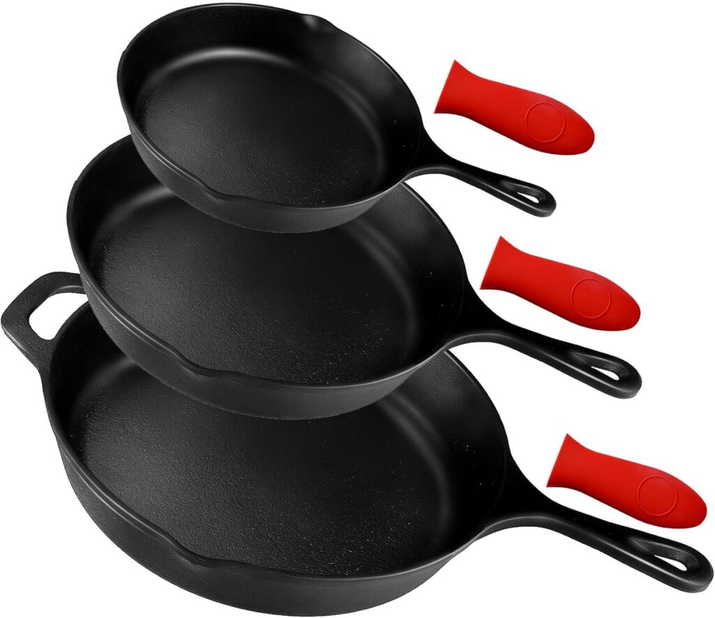 Pre-Seasoned Cast Iron Skillet Set of 3 | 6″, 8″ & 10″ Cast Iron Frying Pans with 3 Heat-Resistant Holders – Indoor and Outdoor Use – Oven Grill Stovetop Induction Safe Cookware