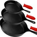 Pre-Seasoned Cast Iron Skillet Set of 3 | 6″, 8″ & 10″ Cast Iron Frying Pans with 3 Heat-Resistant Holders – Indoor and Outdoor Use – Oven Grill Stovetop Induction Safe Cookware