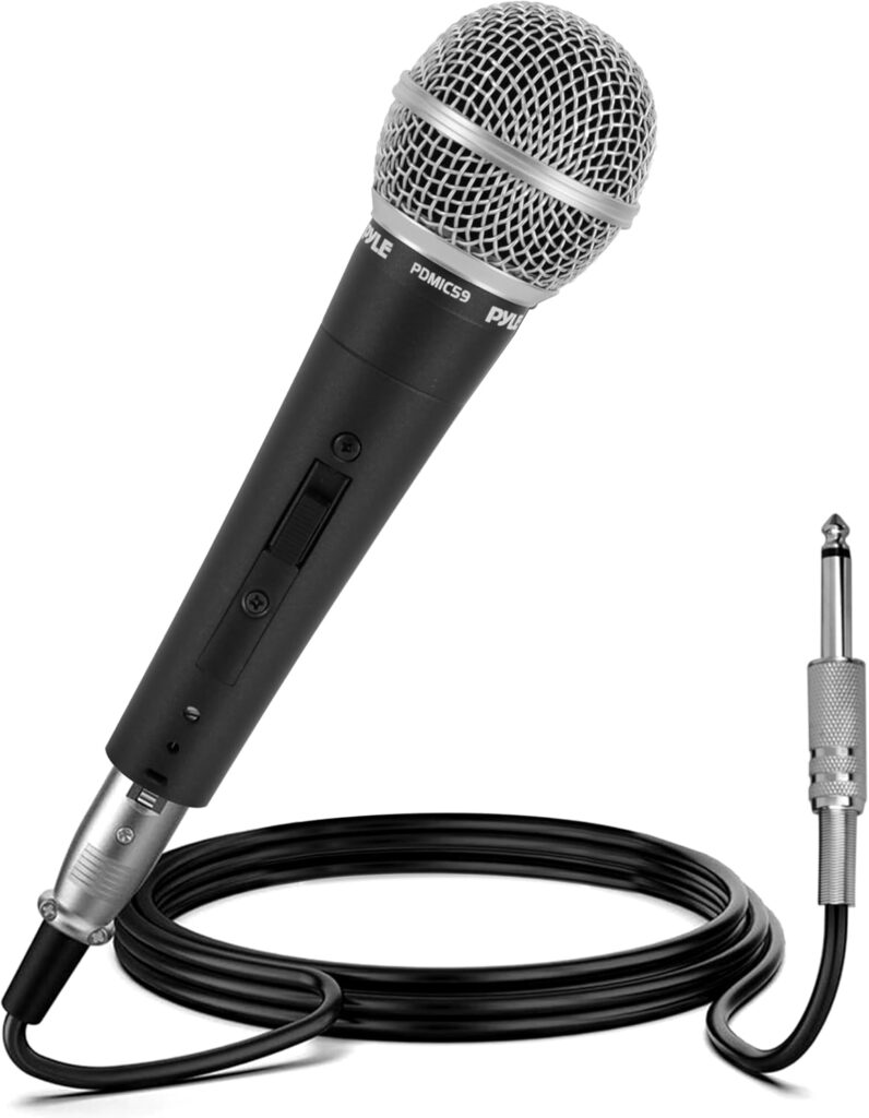 Pyle Professional Dynamic Vocal Microphone – Moving Coil Dynamic Cardioid Unidirectional Handheld Microphone with ON/OFF Switch Includes 15ft XLR Audio Cable to 1/4” Audio Connection – PDMIC59