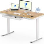 FLEXISPOT Comhar Electric Standing Desk with Drawers Charging USB Port, Height Adjustable 48″ Whole-Piece Quick Install Home Office Computer Laptop Table with Storage (Maple Top + White Frame)