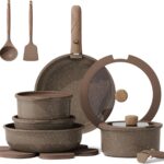CAROTE 17PCS Pots and Pans Set Non Stick with Detachable Handle, Nonstick Cookware Sets, Cooking Kitchen Set, Oven/Dishwasher Safe, Induction Cookware, Brown, RV Kitchen Pot and Pan