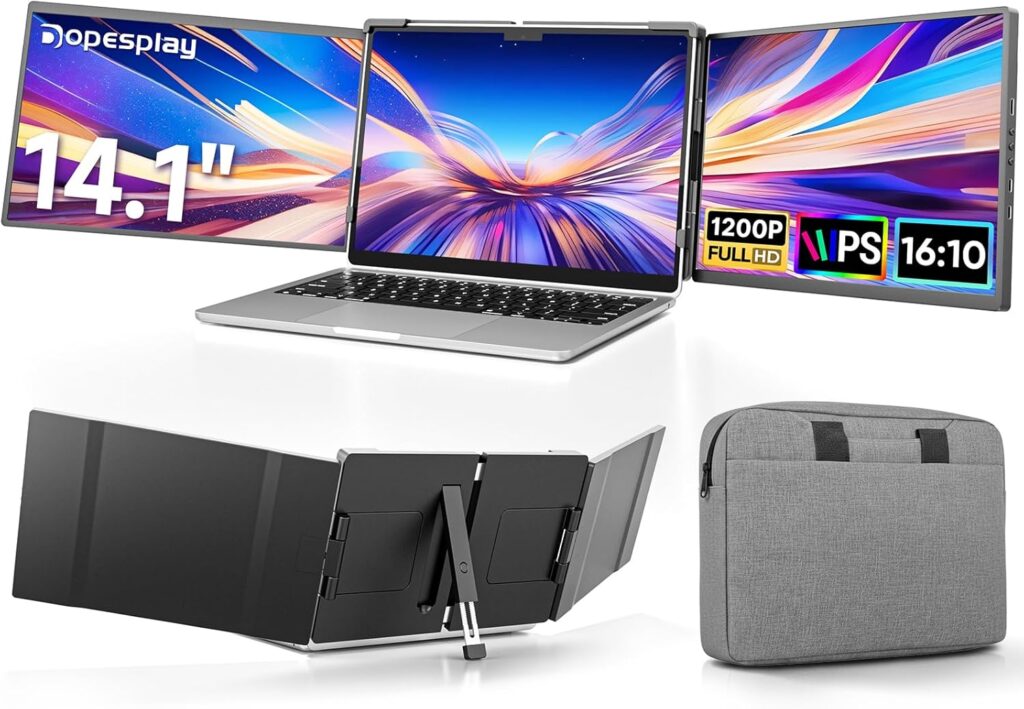14.1″ Triple Portable Monitor | FHD 1920×1200 IPS Laptop Screen Extender | HDMI/Type-C/USB, Plug & Play | Fits 14″-17″ Laptops, Compatible with Mac/Windows/Chrome/Switch