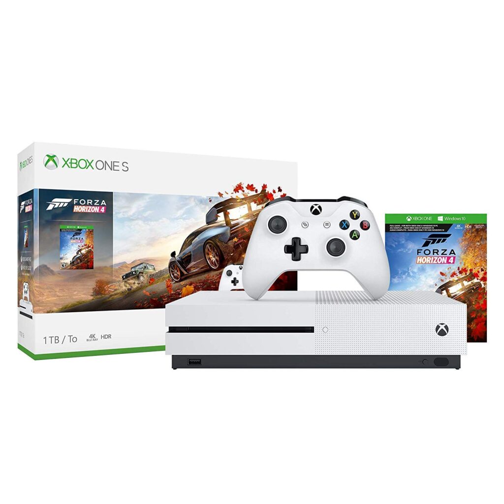Microsoft Xbox One S 1TB Forza Horizon 4 Bonus Bundle: Forza Horizon 4, Xbox Wireless Controller, Xbox One S 4K HDR Console – White One S Gaming Console with 4K Blu-Ray Player (Renewed)