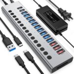Powered USB Hub 10Gbps, 17 Ports 96W USB 3.2 Hub(10 USB-A 3.2 Ports+3 QC 24W Fast Charging Ports+2 USB-C 3.2 Ports+SD/TF Card Reader), 12V/8A Power Adapter for Laptop, PC, Computer, HDD,Flash Drive