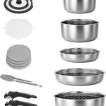 Caannasweis Detachable Nonstick Cookware Set – Stackable Induction Pots and Pans With Removable Handles, Dishwasher Safe – For RV Camping, Oven and Stovetop Use, 5 Pieces (Stainless Steel)