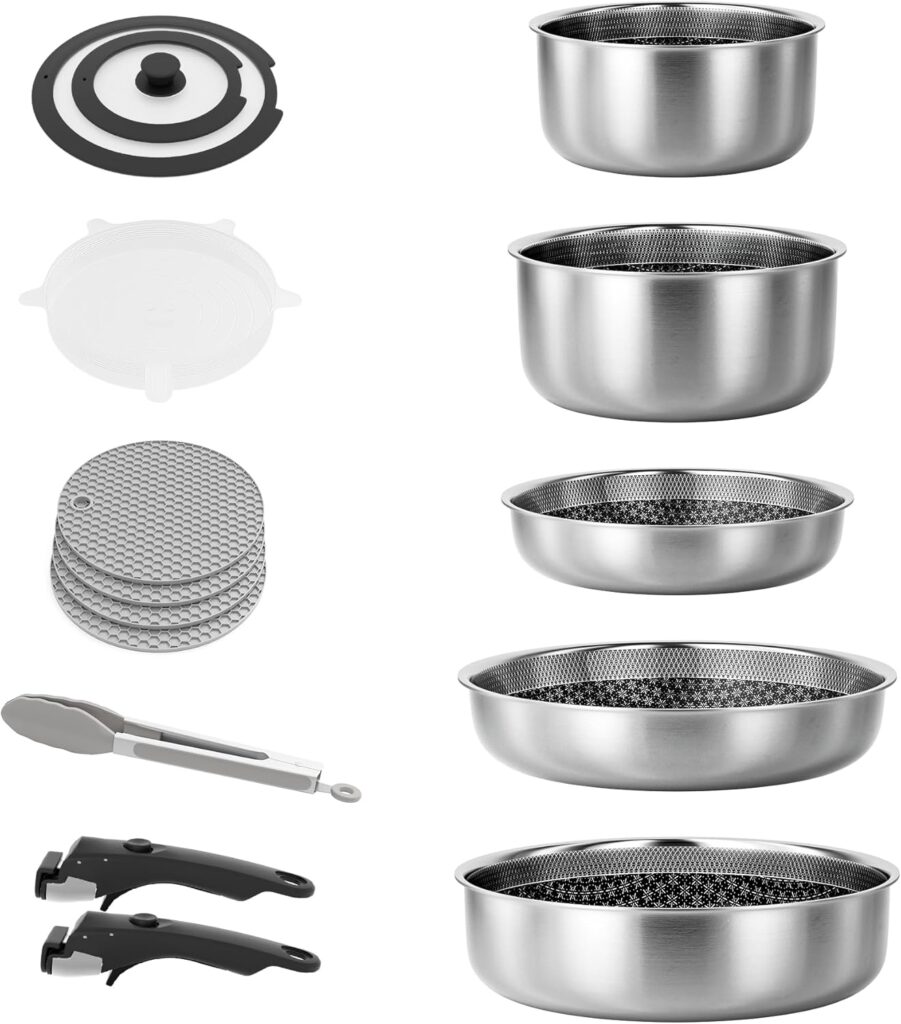 Caannasweis Detachable Nonstick Cookware Set – Stackable Induction Pots and Pans With Removable Handles, Dishwasher Safe – For RV Camping, Oven and Stovetop Use, 5 Pieces (Stainless Steel)