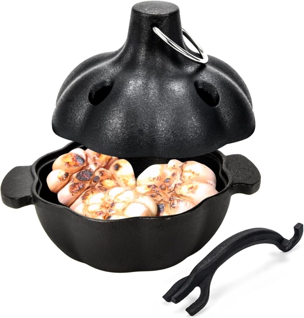 Cast Iron Garlic Roaster with Handle, Smoker Roaster, Garlic Cooker, Garlic Baker, Garlic Roasting Pot, Potato Baker, Mini Cocotte, Used in the Kitchen Oven or Outdoors on a BBQ Grill Stove