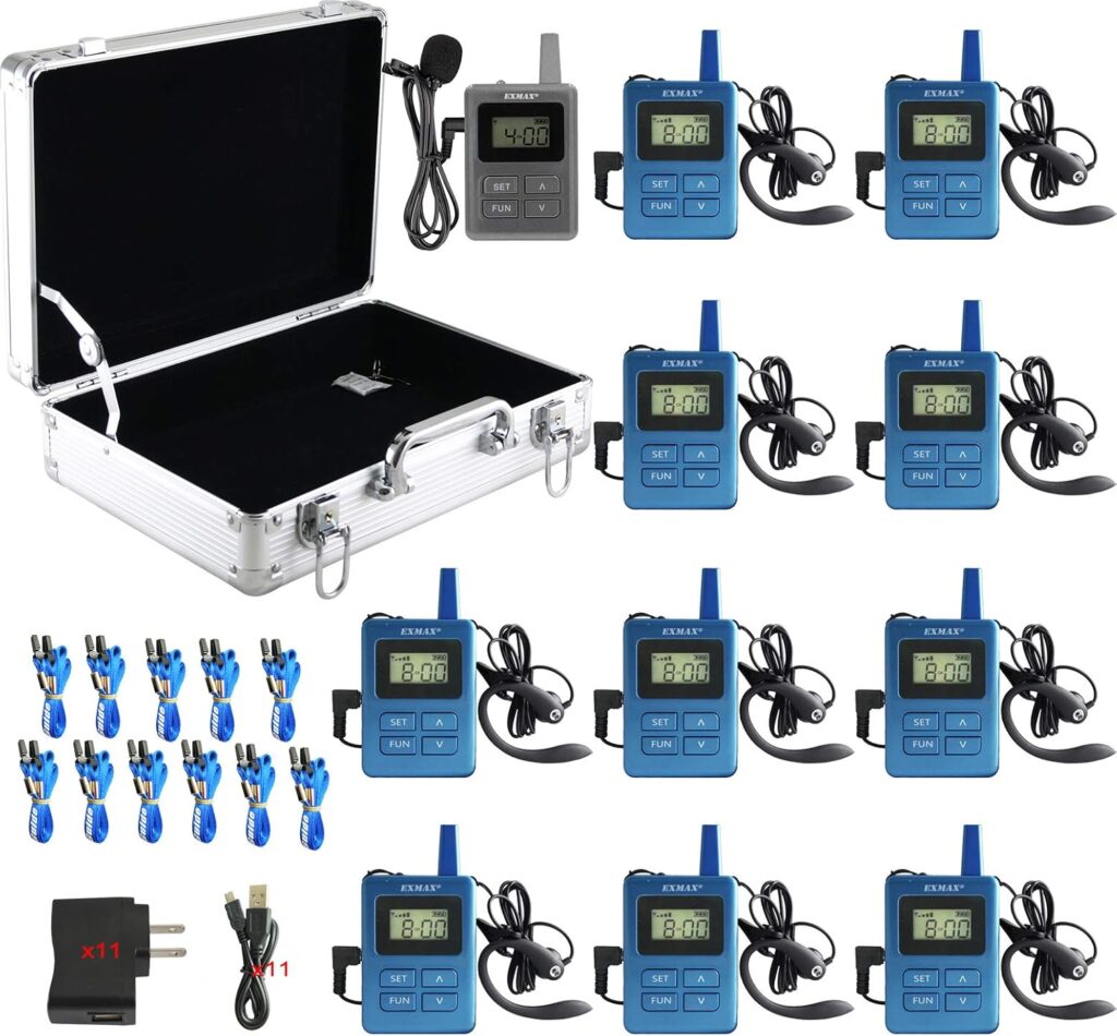 EXMAX ELGT-470 UHF Wireless Whisper Acoustic Transmission System Church Translation Teaching Summit Simultaneous Interpretation Walking Tour 1 Transmitter 12 Receivers + Silver Aluminium Storage Case