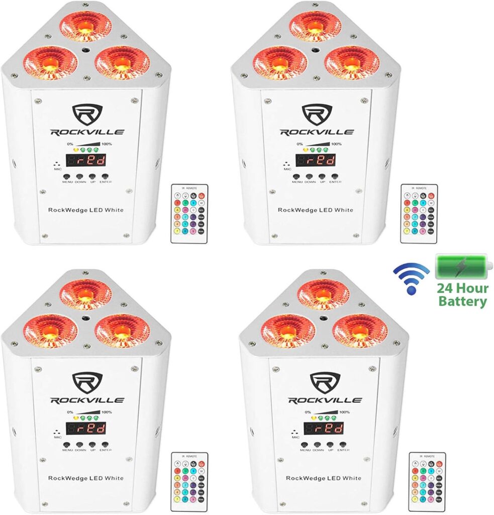 4 Rockville RockWedge LED RGBWA+UV Rechargeable Wireless DMX White Par Up-Lights