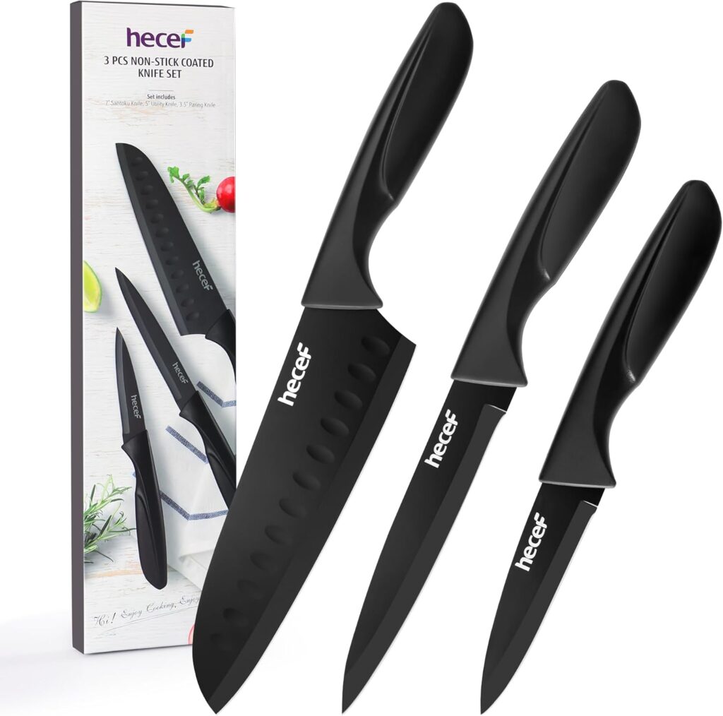 hecef Black Kitchen Knife Set of 3, Sharp Knives with Stainless Steel Blade, Lightweight Handle, Non-stick Coating Set Includes 7″, 5″, 3.5″ Knives