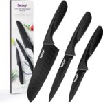 hecef Black Kitchen Knife Set of 3, Sharp Knives with Stainless Steel Blade, Lightweight Handle, Non-stick Coating Set Includes 7″, 5″, 3.5″ Knives