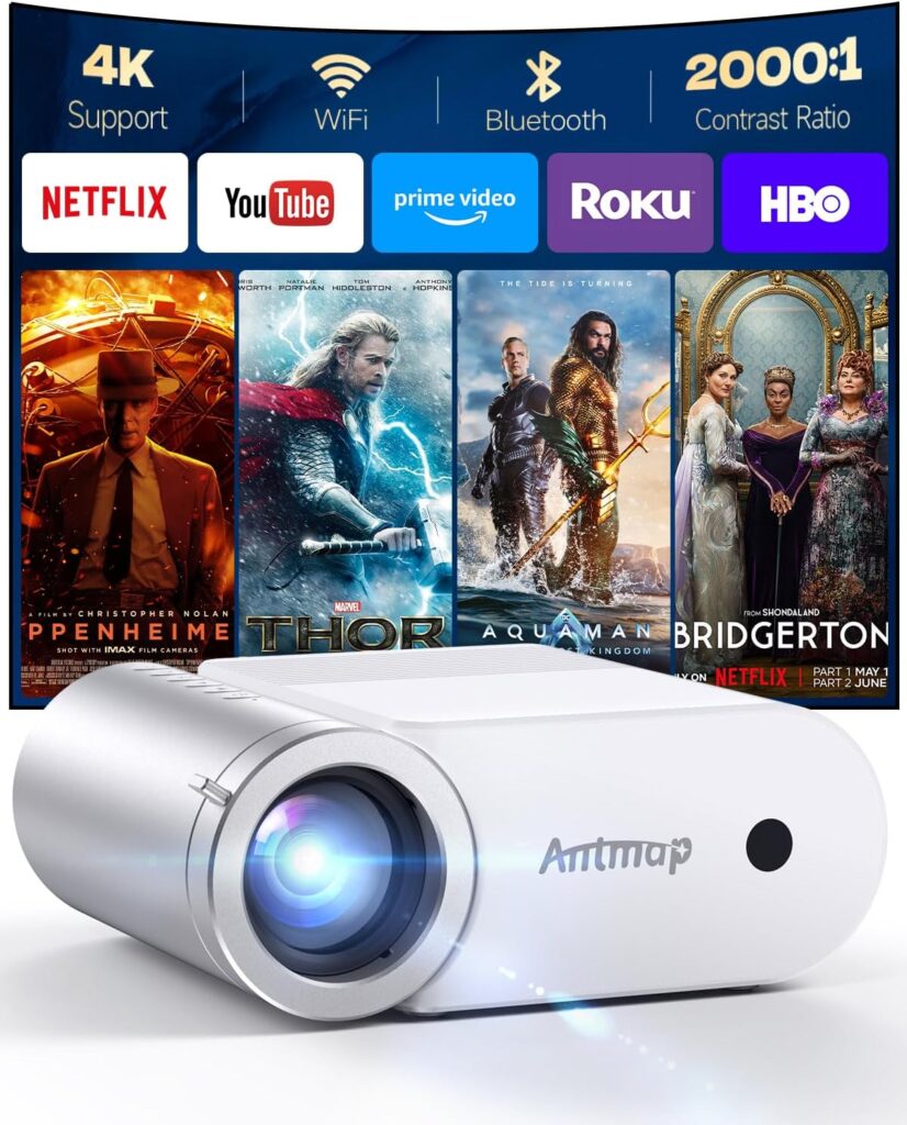 Mini Projector With WiFi and Bluetooth, 400 ANSI Outdoor Projectors 1080P for iPhone, Home Theater Projector 4K Support for Bedroom, 200” Wireless WiFi Projector for Smartphone/HDMI/USB/TV Stick