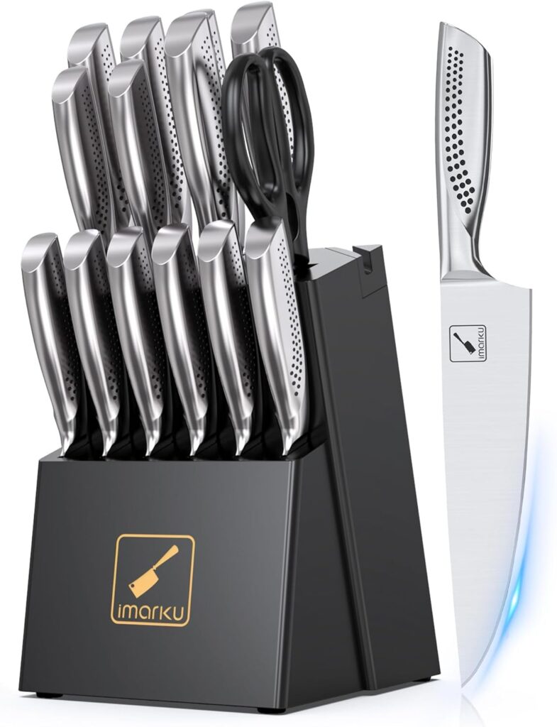 imarku® Kitchen Knife Set, 15 Pcs Japanese Knife Set with Block, Premium Razor-Sharp Chef Knives Set for Kitchen with Sharpener, Rust-Proof, Ergonomic Full-Tang Handle, Black