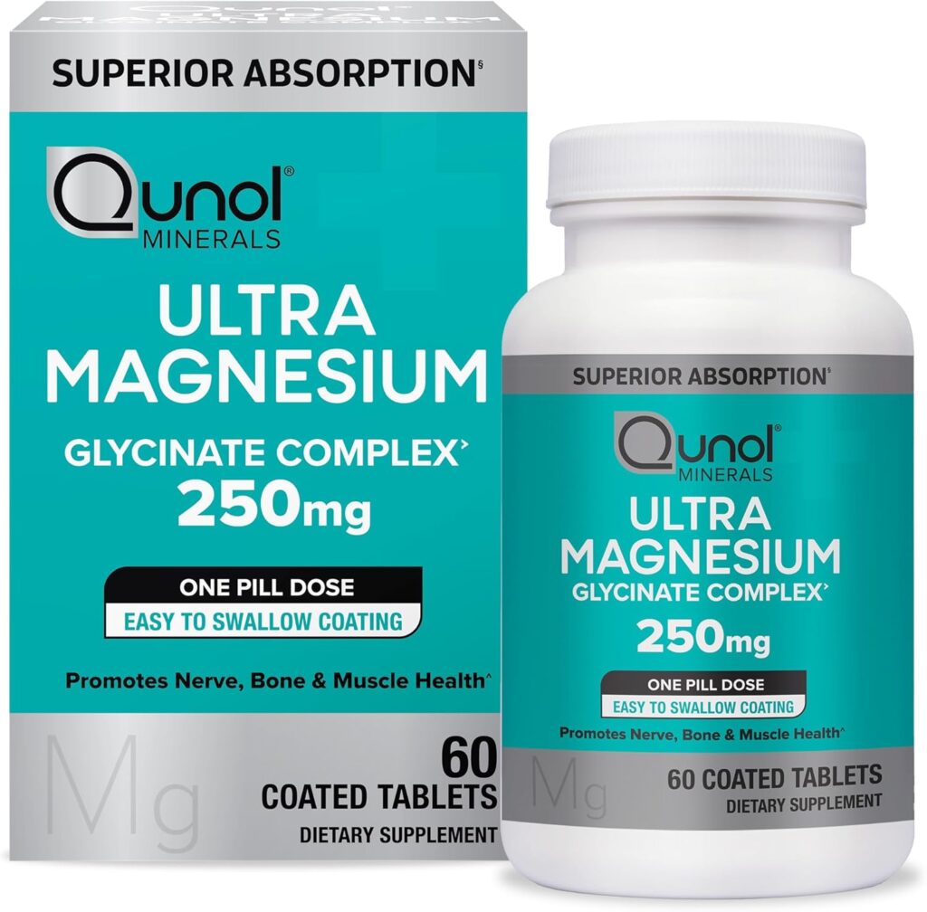 Qunol Magnesium Glycinate Complex, Gentle on Stomach, 250mg One Pill Dose, Superior-Absorption Magnesium, Nerve, Bone and Muscle Health Supplement, 60 Count (Pack of 1)