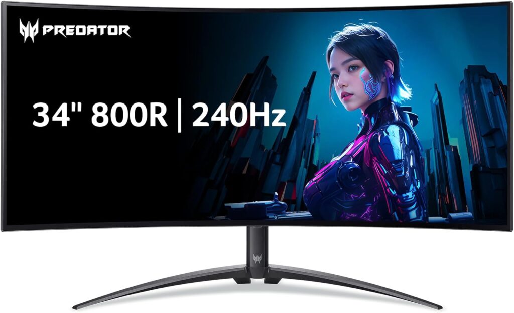 acer Predator X34 | 34″ UWQHD 3440 x 2440 OLED 800R Curved Gaming Monitor | AMD FreeSync Premium Pro | 240Hz | 0.01ms | VESA DisplayHDR True Black 400 | KVM Switch | USB Type-C, DP 1.4 & 2 x HDMI 2.1