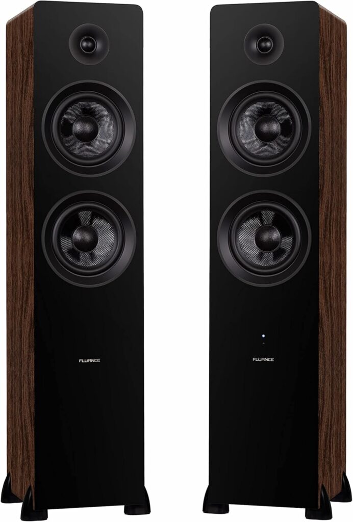 Fluance Ai81 Elite Powered 2-Way Floorstanding Tower Speakers, 150W Built-in Amplifier for 2.0 Stereo Music & Movie Listening, TV, Turntable, PC & Bluetooth – 2x RCA, Optical, Sub Out (Natural Walnut)
