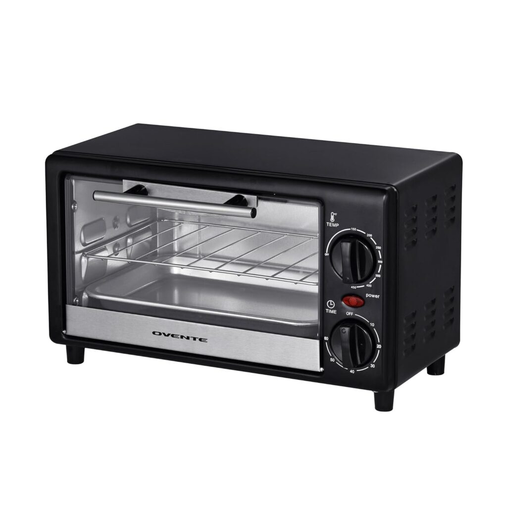 OVENTE 8L Countertop Toaster Oven with 60-Minute Timer, Adjustable Temperature Control, Easy-to-Clean Baking Pan, 750W Compact Mini for Pizza, Toast, Bake, and Broil, Black TO2808B