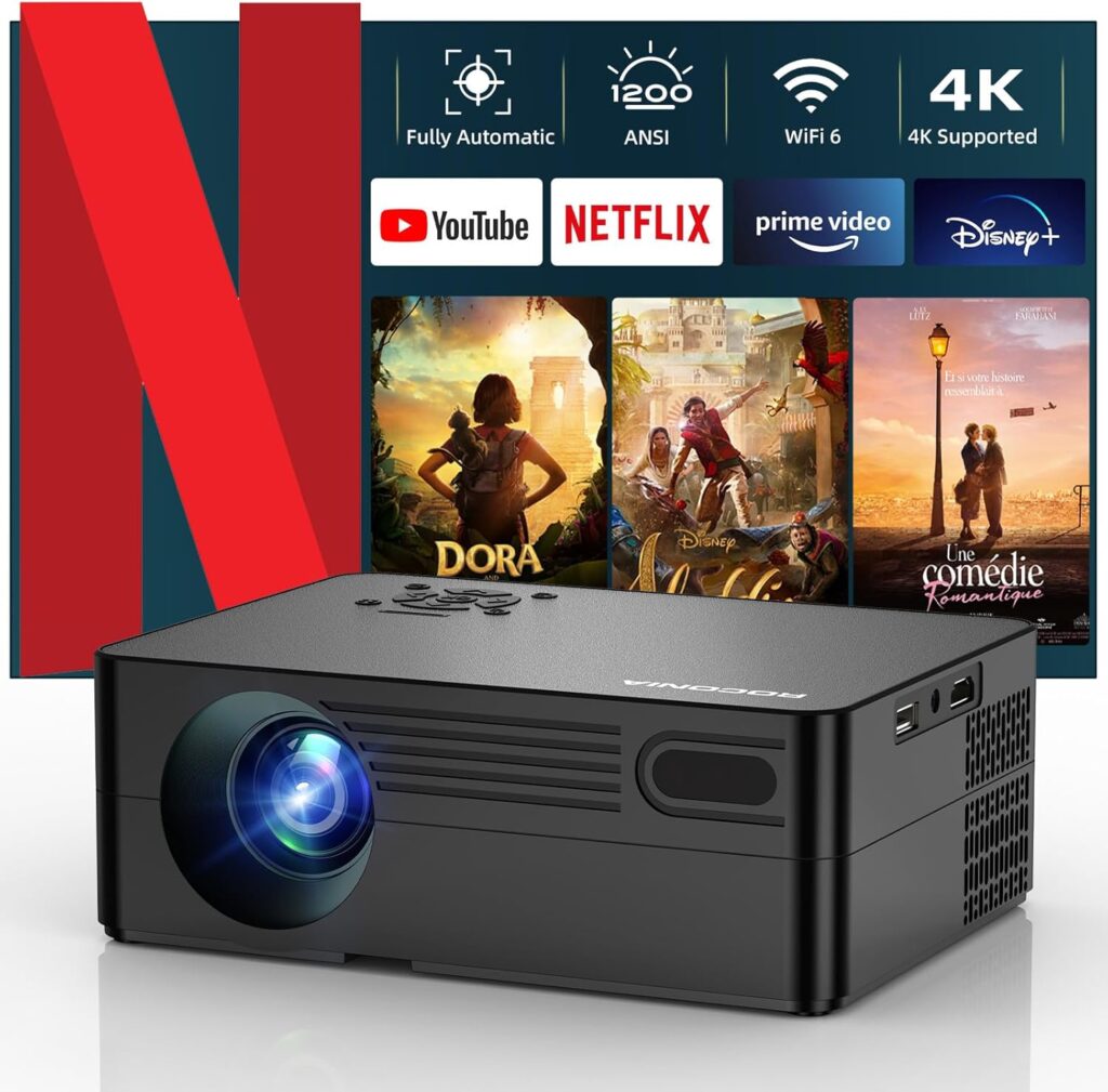 【Netflix-Licensed Projector & Built-in App】Smart Projector with WiFi6 and Bluetooth5.2, AI Auto Focus & Keystone Portable Movie Projector, Native 1080P 4K Support Home Theater Outdoor Proyector(Black)