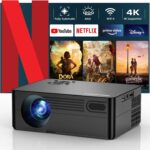 【Netflix-Licensed Projector & Built-in App】Smart Projector with WiFi6 and Bluetooth5.2, AI Auto Focus & Keystone Portable Movie Projector, Native 1080P 4K Support Home Theater Outdoor Proyector(Black)