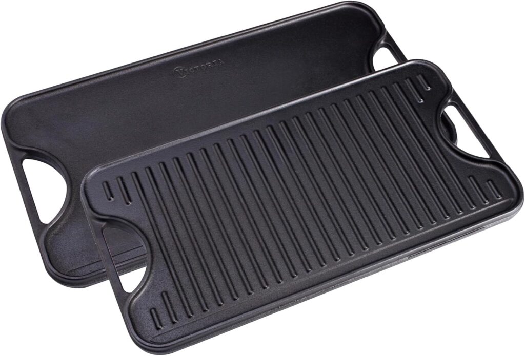 Victoria Rectangular Cast Iron Griddle. Double Burner Griddle, Reversible Griddle Grill, 18.5 x 10 Inch, Seasoned with 100% Kosher Certified Non-GMO Flaxseed Oil